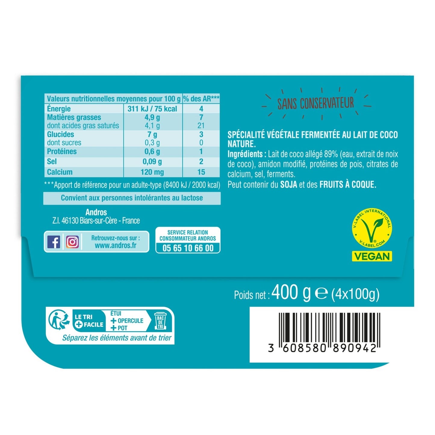 Dessert Végétal Brassé au Lait de Coco Nature ANDROS