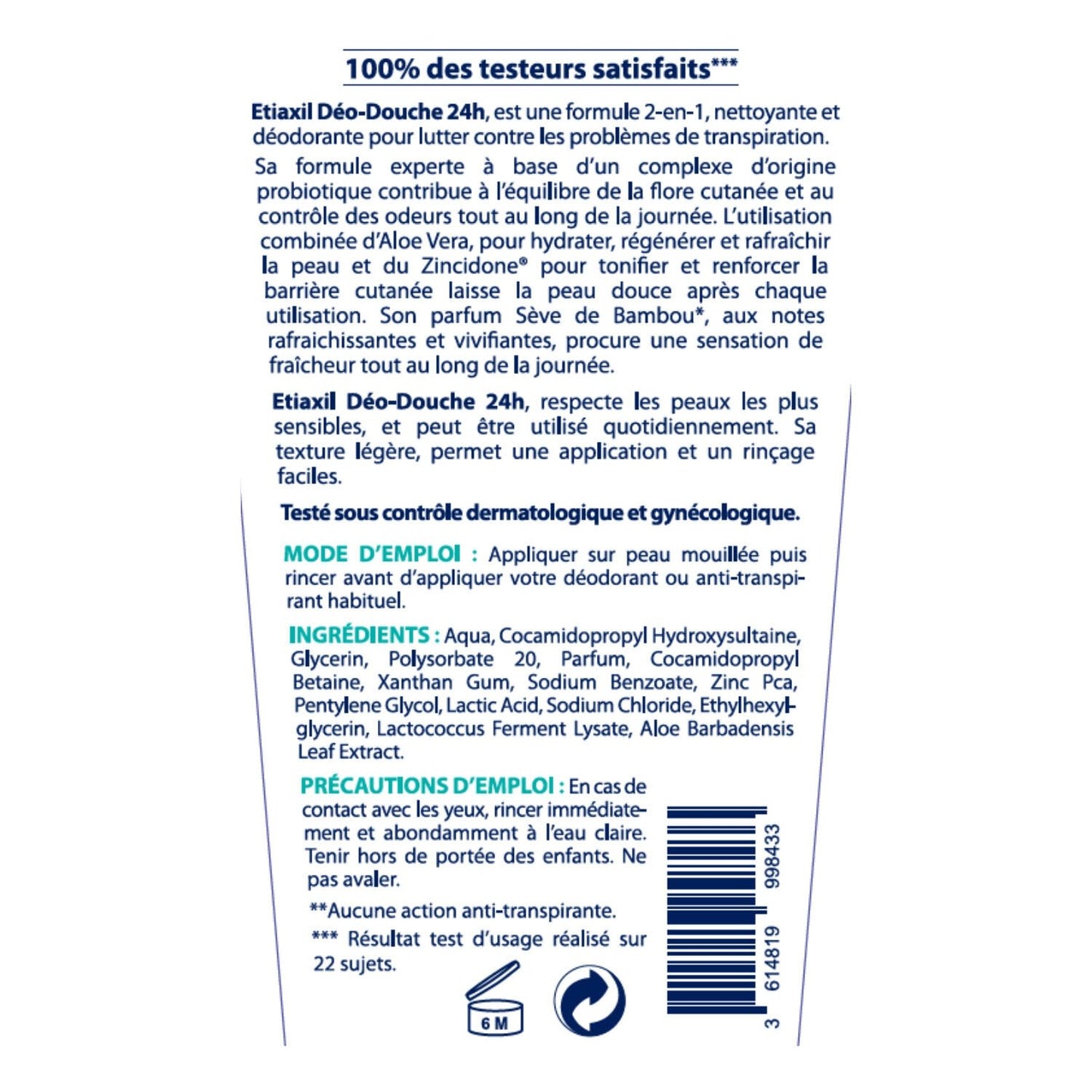 Shower Gel Body Deodorant Anti-Perspirant Anti-Odor Freshness Bamboo Sap ETIAXIL
