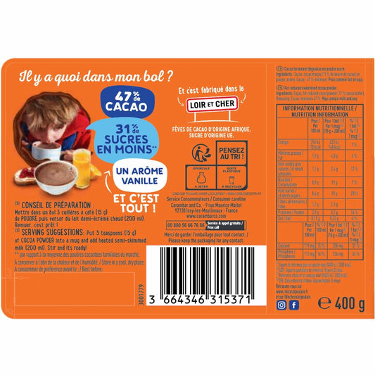 Chocolat en Poudre Grand Arôme Faible Teneur en Sucre POULAIN