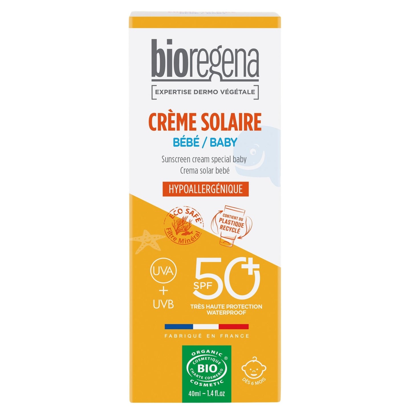 Crème Solaire Bébé Visage Corps Peau Sensible Spf50+ Hypoallergénique Bio BIOREGENA le tube de 40mL