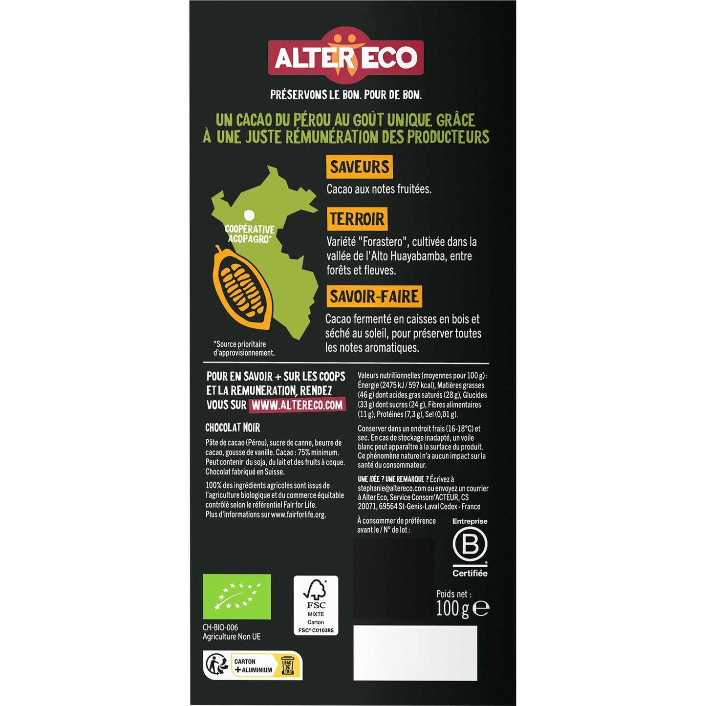 Tablette de Chocolat Noir 75% Pérou Bio ALTER ECO