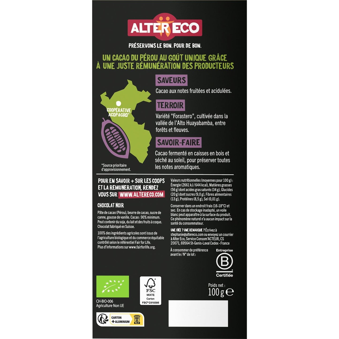 Tablette de Chocolat Noir 90% Pérou Bio ALTER ECO