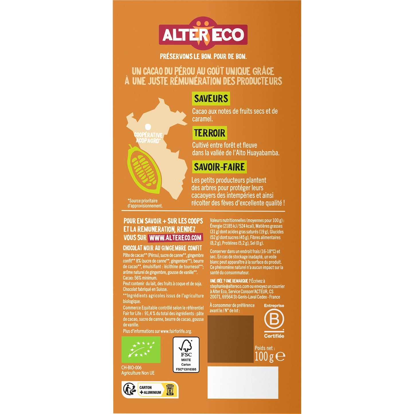 Chocolat Noir Bio Eclat de Gingembre ALTER ECO