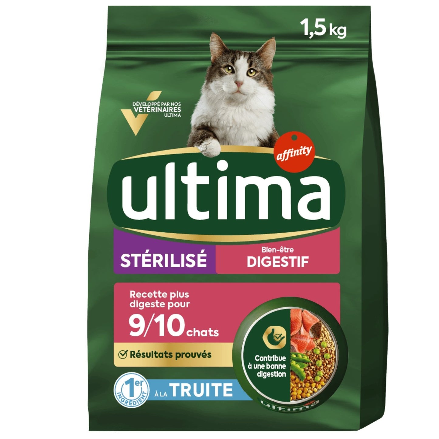 Croquettes pour Chat Adulte Stérilisé Digestion Difficile Truite ULTIMA Le sac d'1,5kg