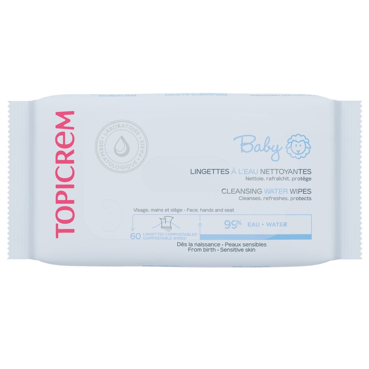 Lingettes Bébé à l'Eau Nettoyantes TOPICREM le paquet de 60 lingettes