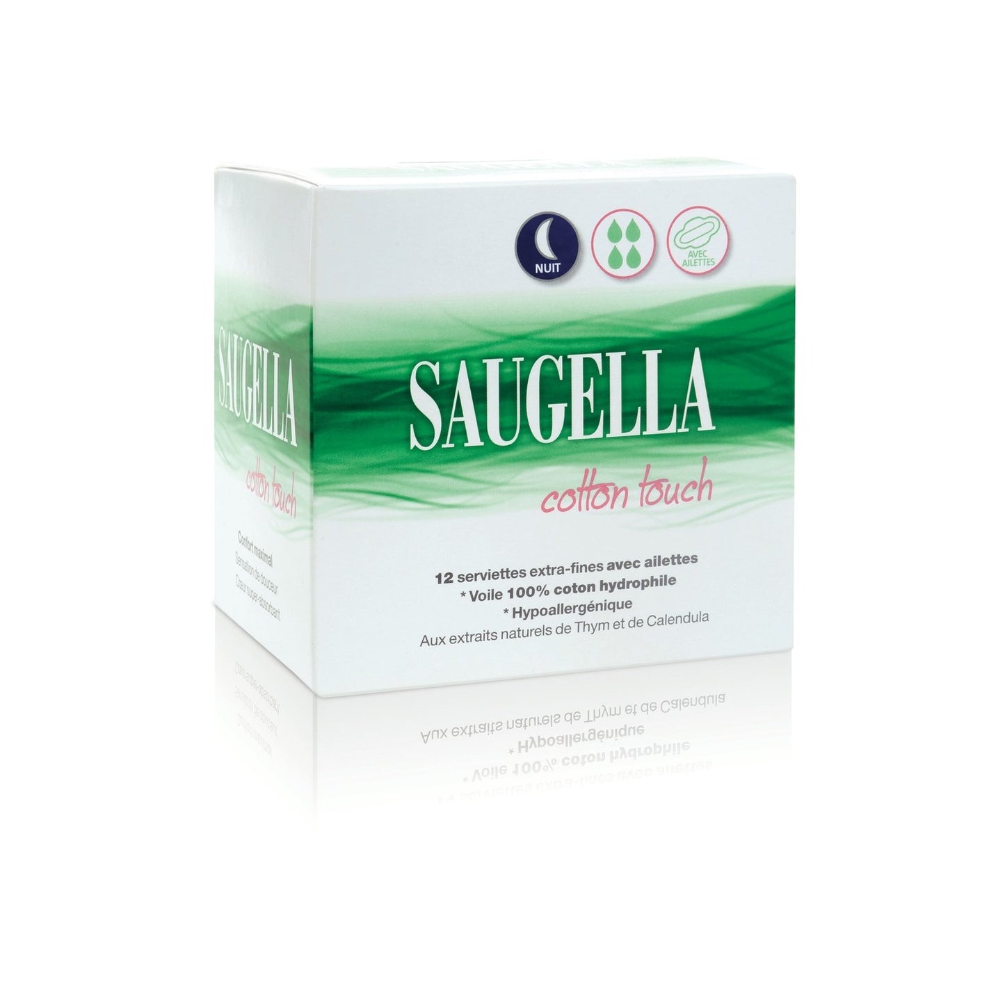Serviettes Hygiéniques avec Ailettes Nuit Extra-Fine Cotton Touch SAUGELLA le paquet de 12 serviettes hygiénique