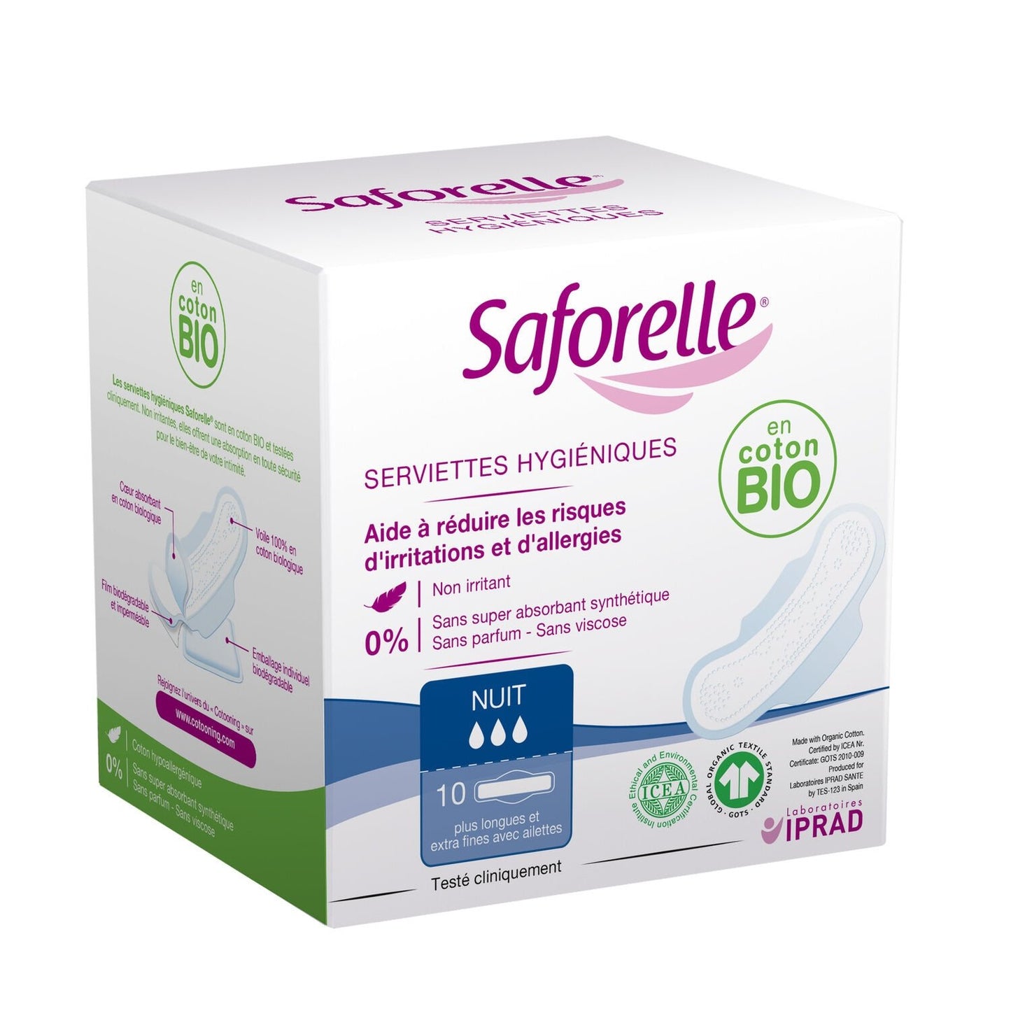 Serviettes Hygiéniques Nuit Coton Bio Ailettes SAFORELLE la boite de 10