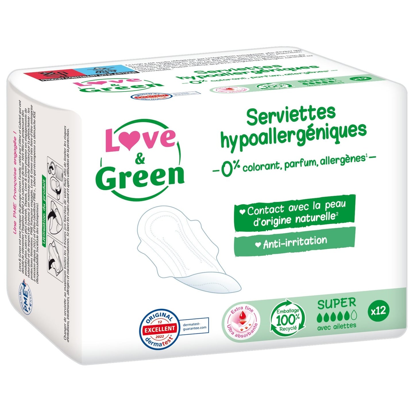 Serviettes Hygiéniques avec Ailettes Hypoallergénique Ecologique Super Bio Love & GREEN le paquet de 12 serviettes