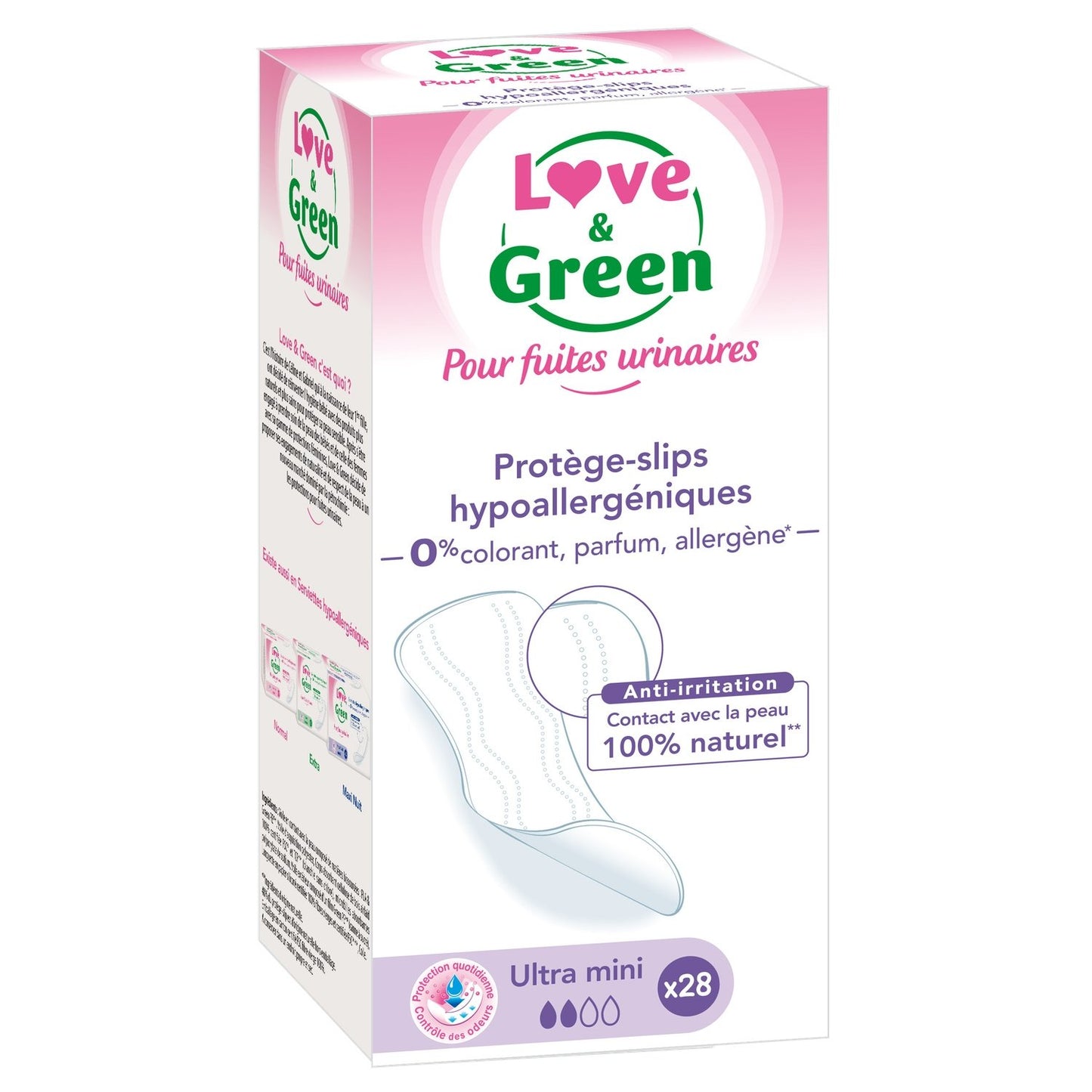 Protections Fuite Urinaire Ultra Mini Hypoallergéniques Ecologiques Anti-Irritation Love & GREEN le paquet de 28 protège-slips