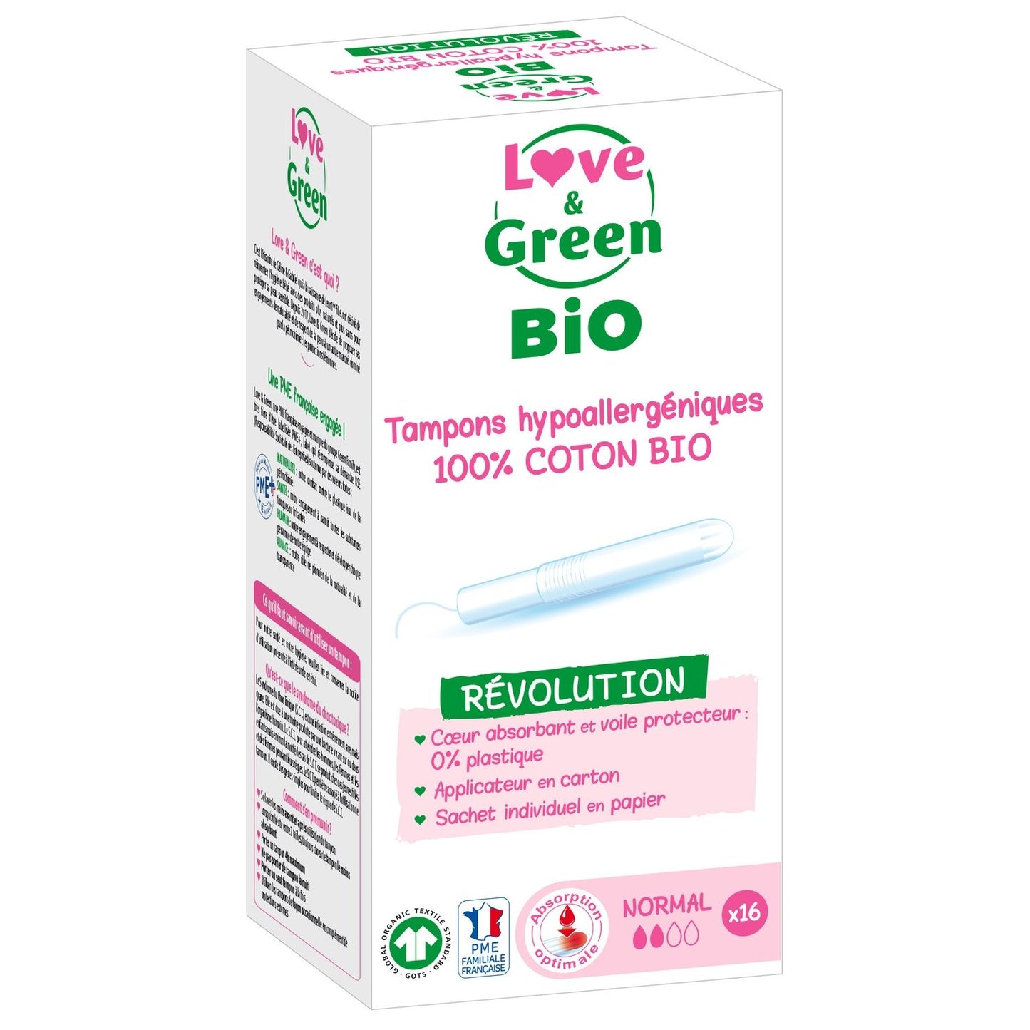 Tampons avec Applicateur Normal Coton Bio Hypoallergénique Love & GREEN le paquet de 16 tampons