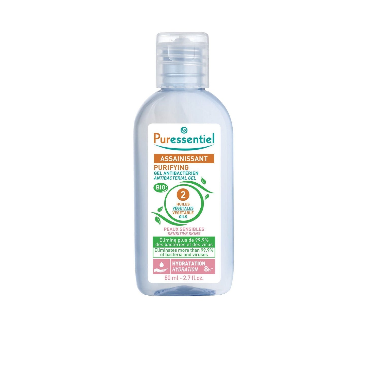 Gel Antibactérien Peaux Sensibles aux Huiles Végétales d'Amande Douce et de Ricin Bio PURESSENTIEL le flacon de 80mL