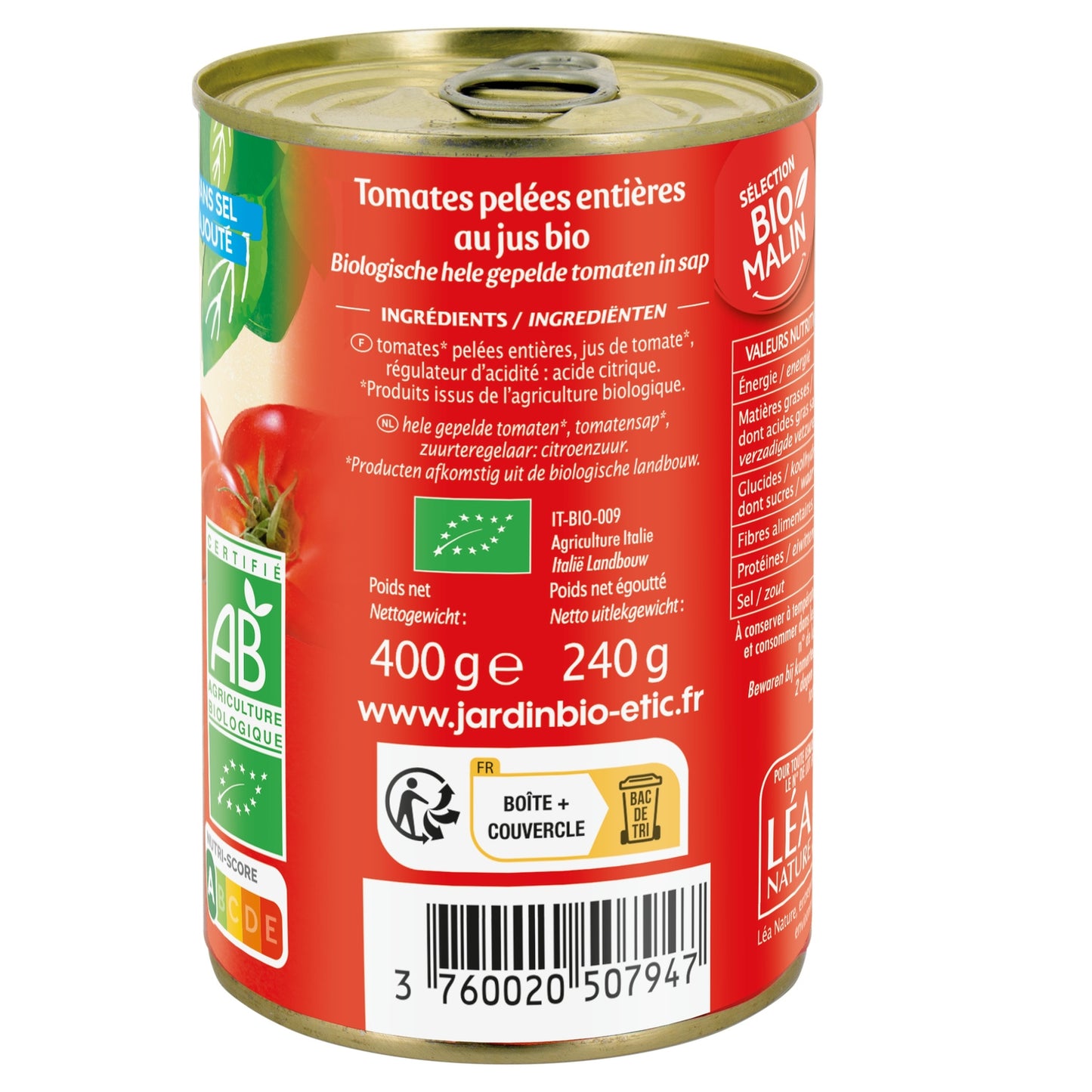 Tomates Pelées Entières au Jus Bio JARDIN BIO ETIC