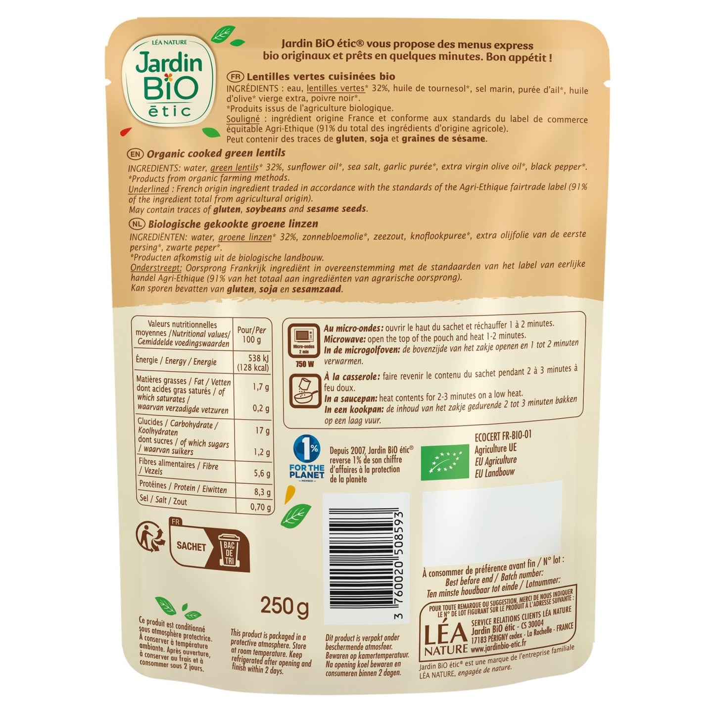 Organic Green Lentil Meal from Jardin Bio Etic