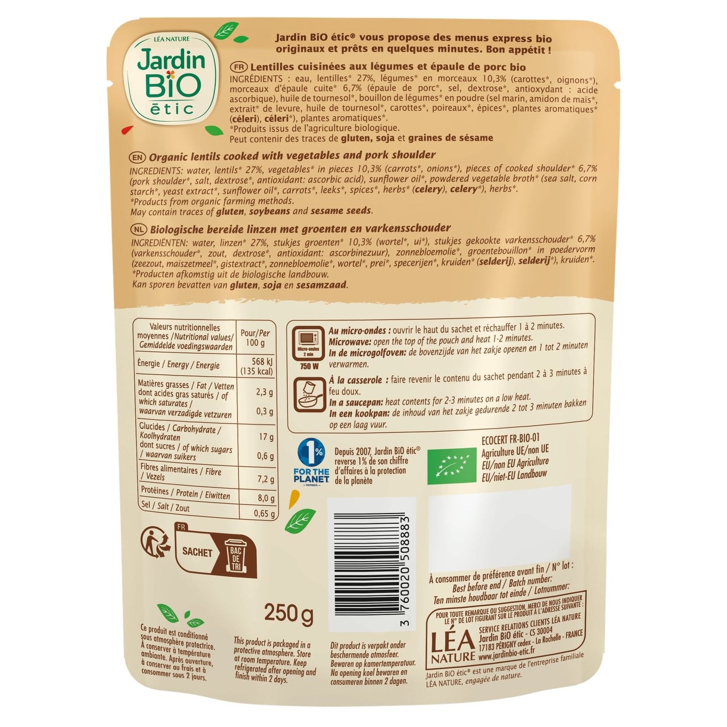 Organic Lentil Meal, Small Salted Style, JARDIN BIO ETIC