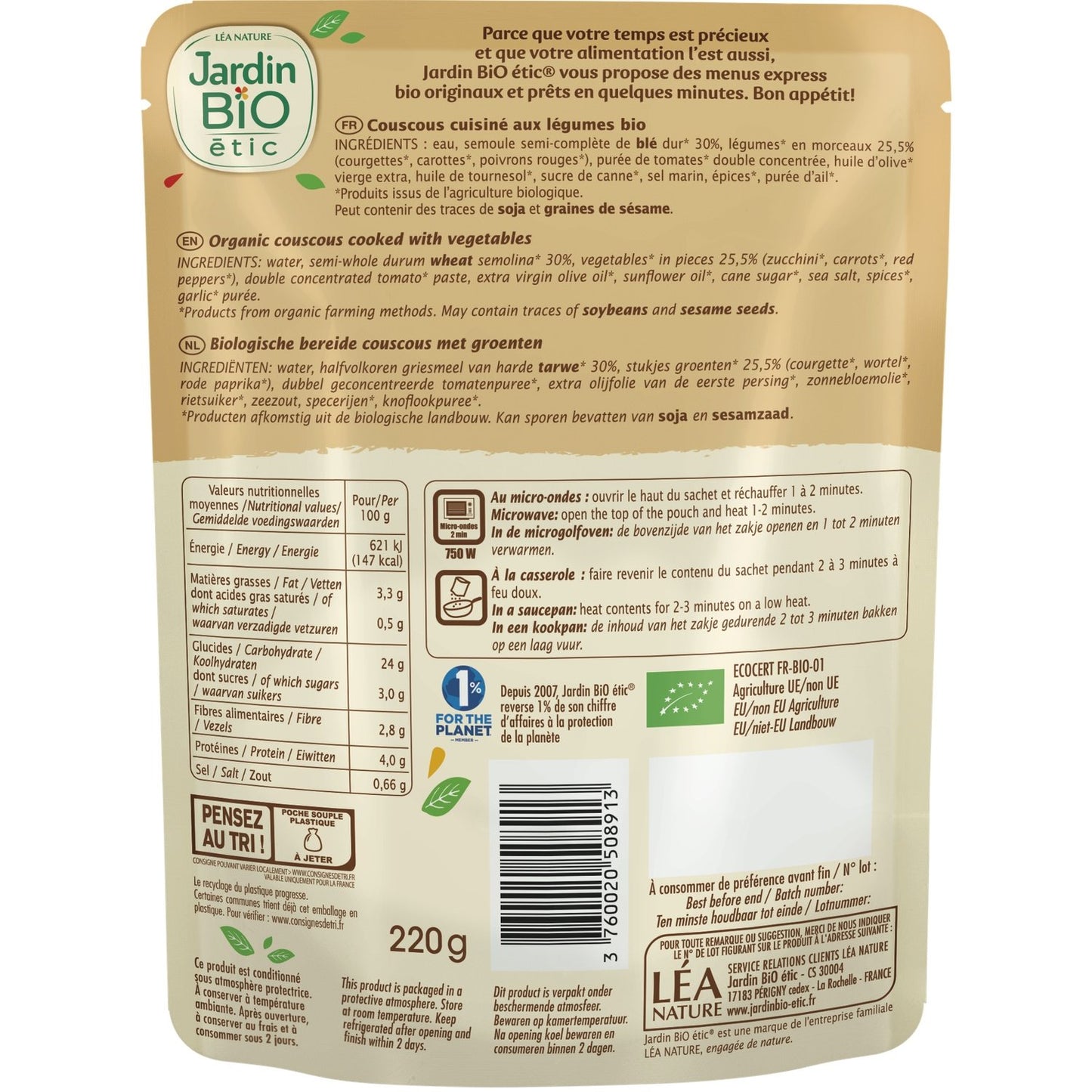 Ready Meal Couscous with Organic Sun Vegetables JARDIN BIO ETIC