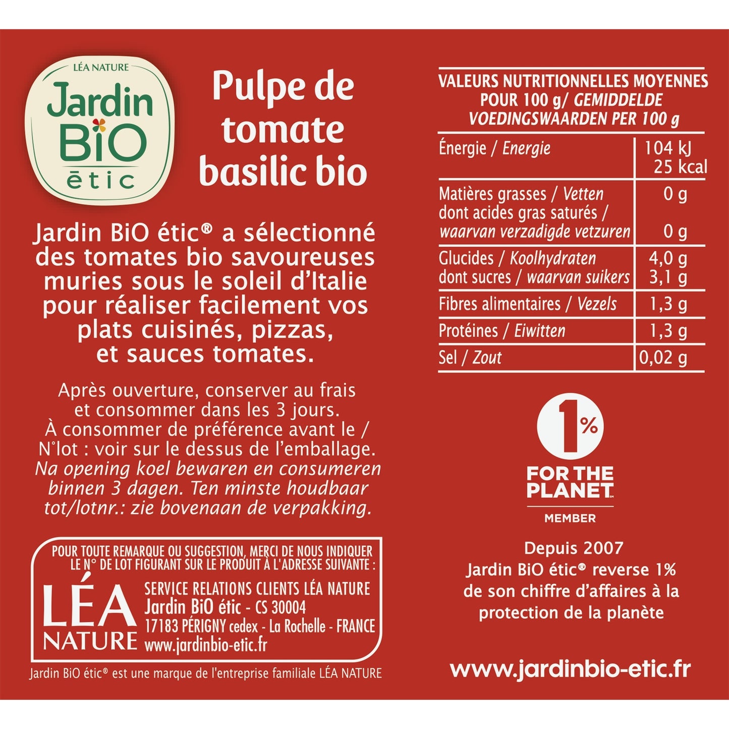 Organic Tomato Pulp with Basil JARDIN BIO ETIC