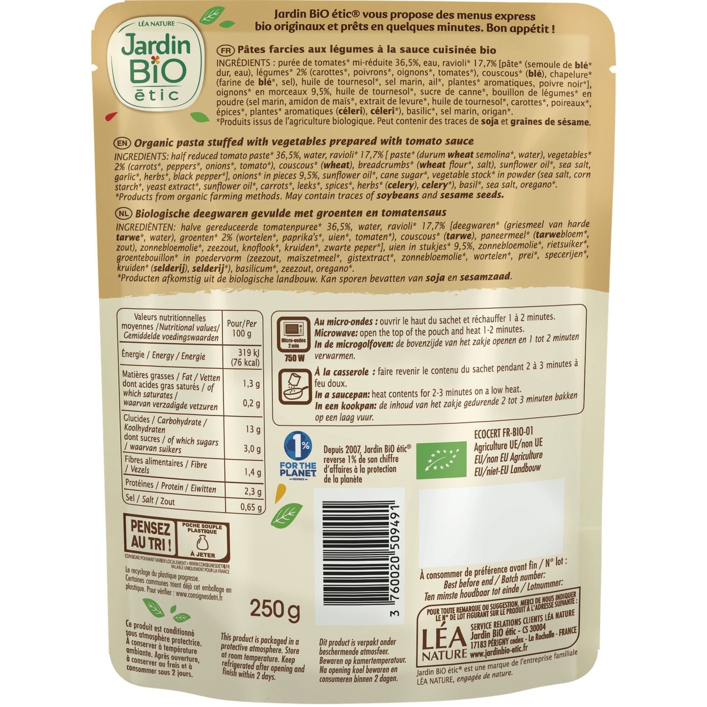 Plat Cuisiné Ravioli aux Légumes Bio JARDIN BIO ETIC