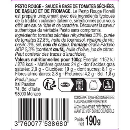 Sauce Pesto Rouge Tomate et Fromage FLORELLI