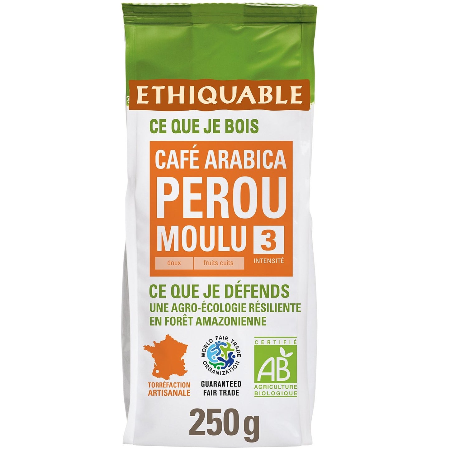 Café Moulu Pur Arabica Pérou Bio ETHIQUABLE le paquet de 250g