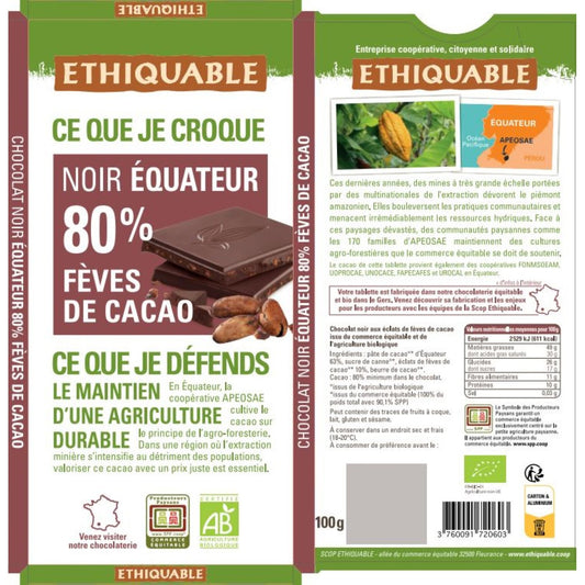 Tablette de Chocolat Noir 80% Fèves de Cacao Bio ETHIQUABLE