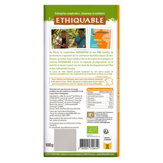 Tablette de Chocolat Noir Ecorces d'Orange Pérou Haïti Bio ETHIQUABLE