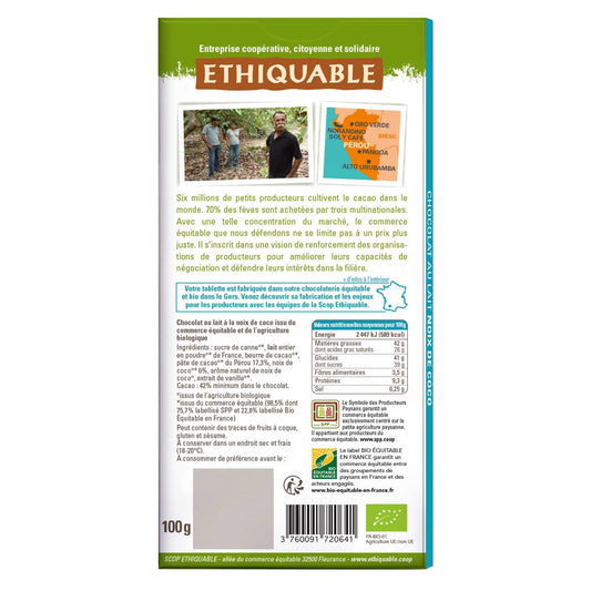 Tablette de Chocolat au Lait Noix de Coco Pérou Bio ETHIQUABLE