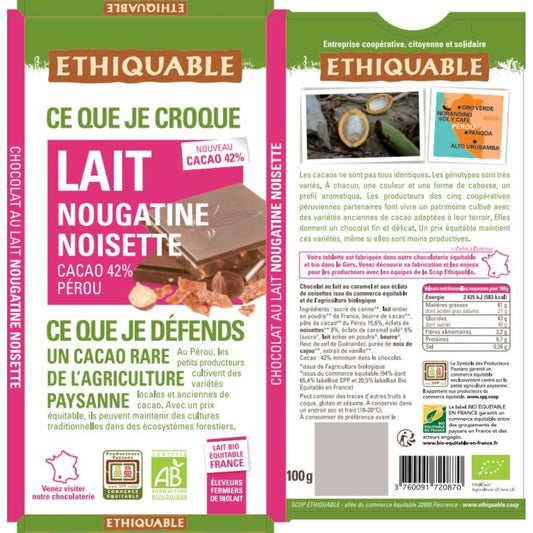 Chocolat au Lait, Nougatine & Noisettes Bio ETHIQUABLE