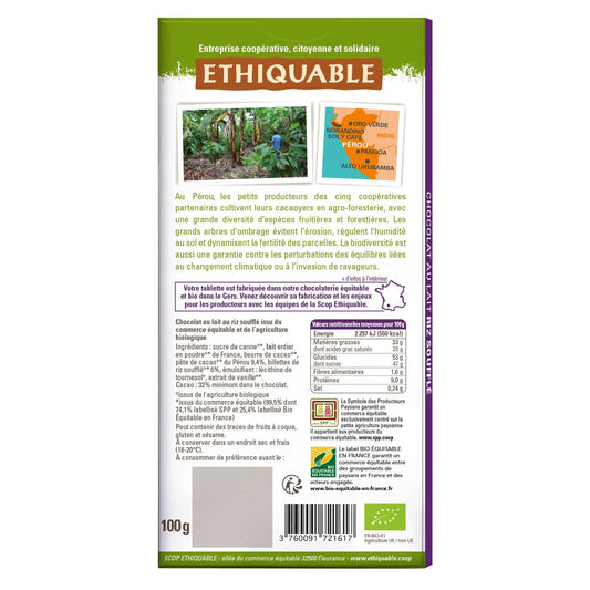 Tablette de Chocolat au Lait Riz Soufflé Pérou Bio ETHIQUABLE