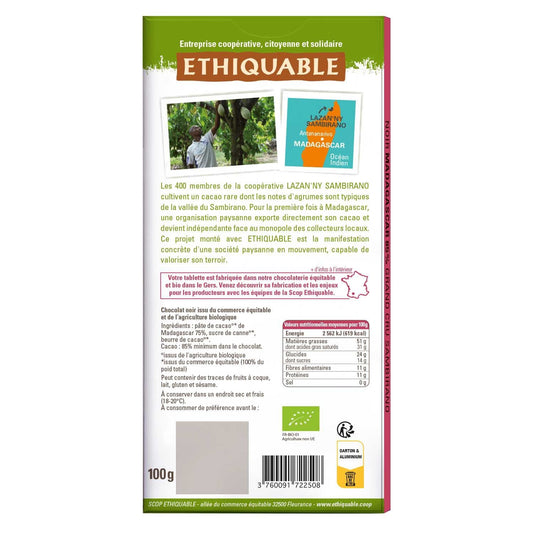 Chocolat Noir 85% Cacao Fin Acidulé Madagascar Bio ETHIQUABLE