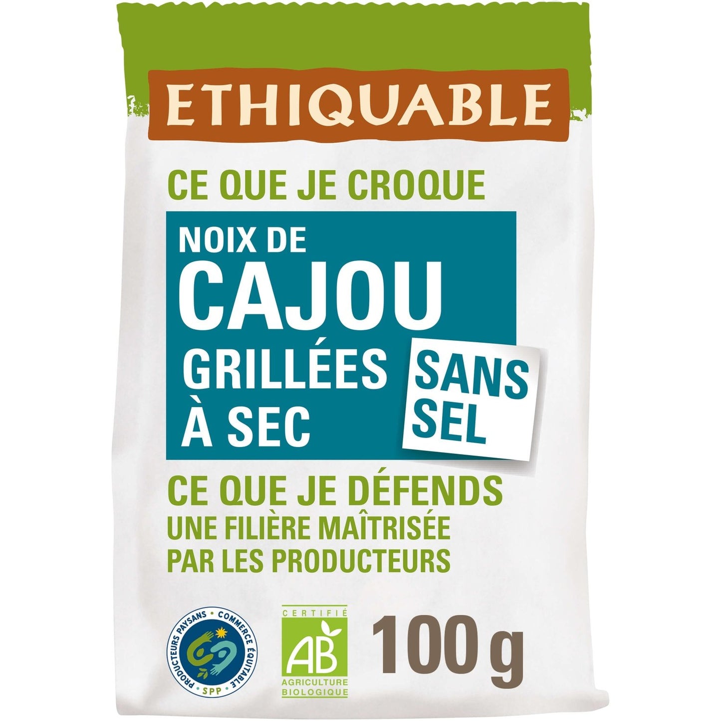 Noix de Cajou Grillées A Sec Sans Sel Bio ETHIQUABLE le sachet de 100g