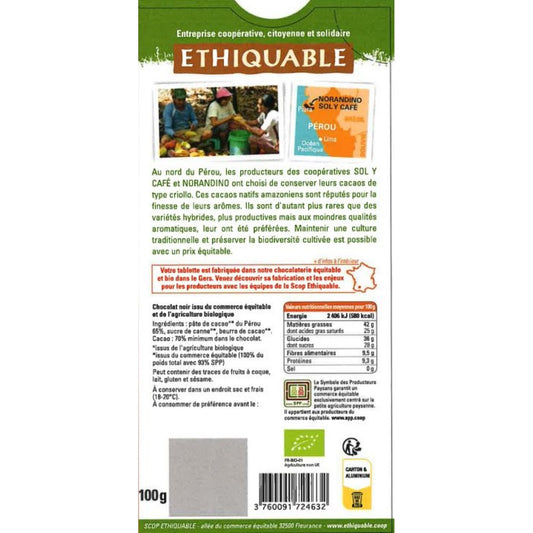 Tablette de Chocolat Noir 70% Cacao Pérou Bio ETHIQUABLE
