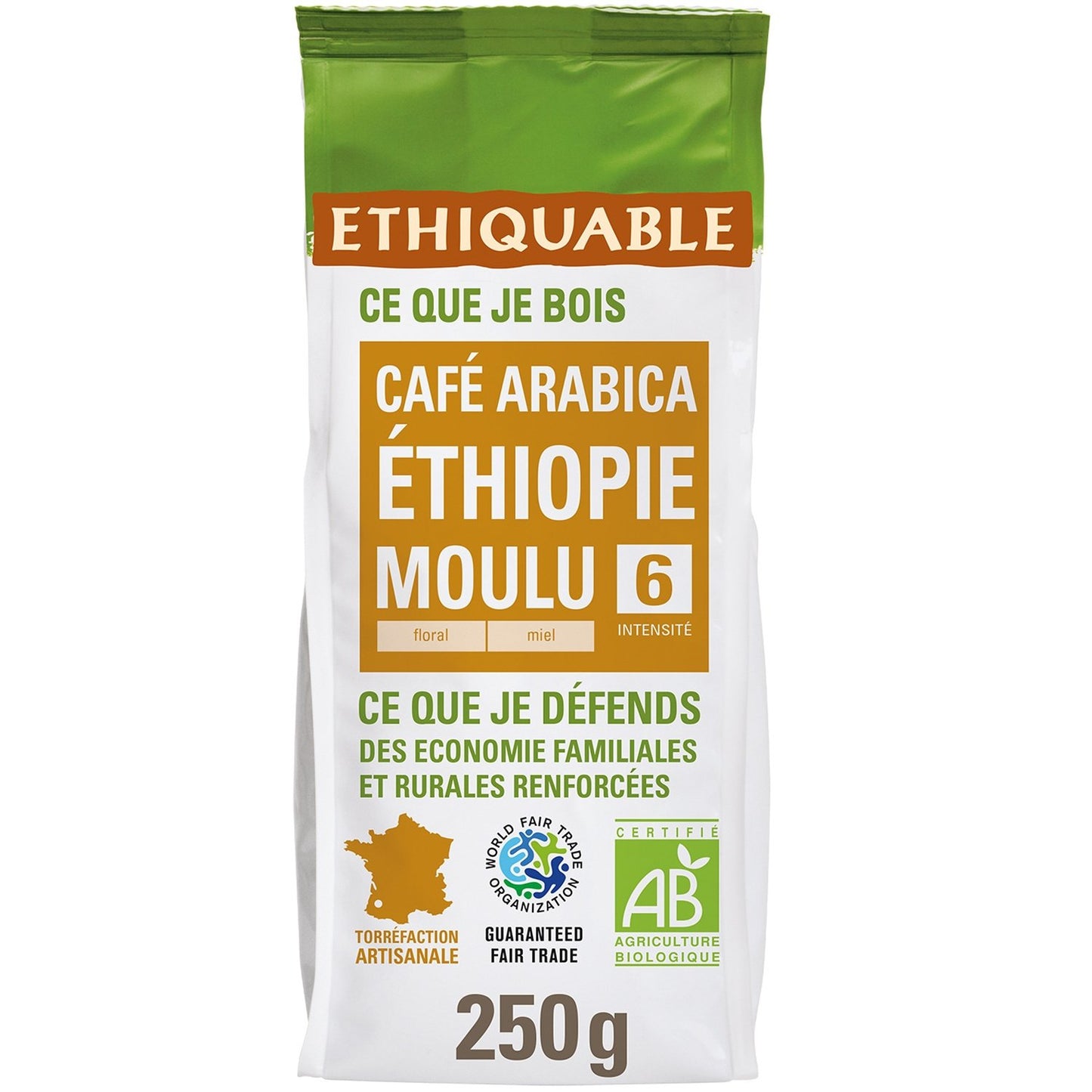 Café Moulu Pur Arabica Moka Ethiopie Bio ETHIQUABLE le paquet de 250g