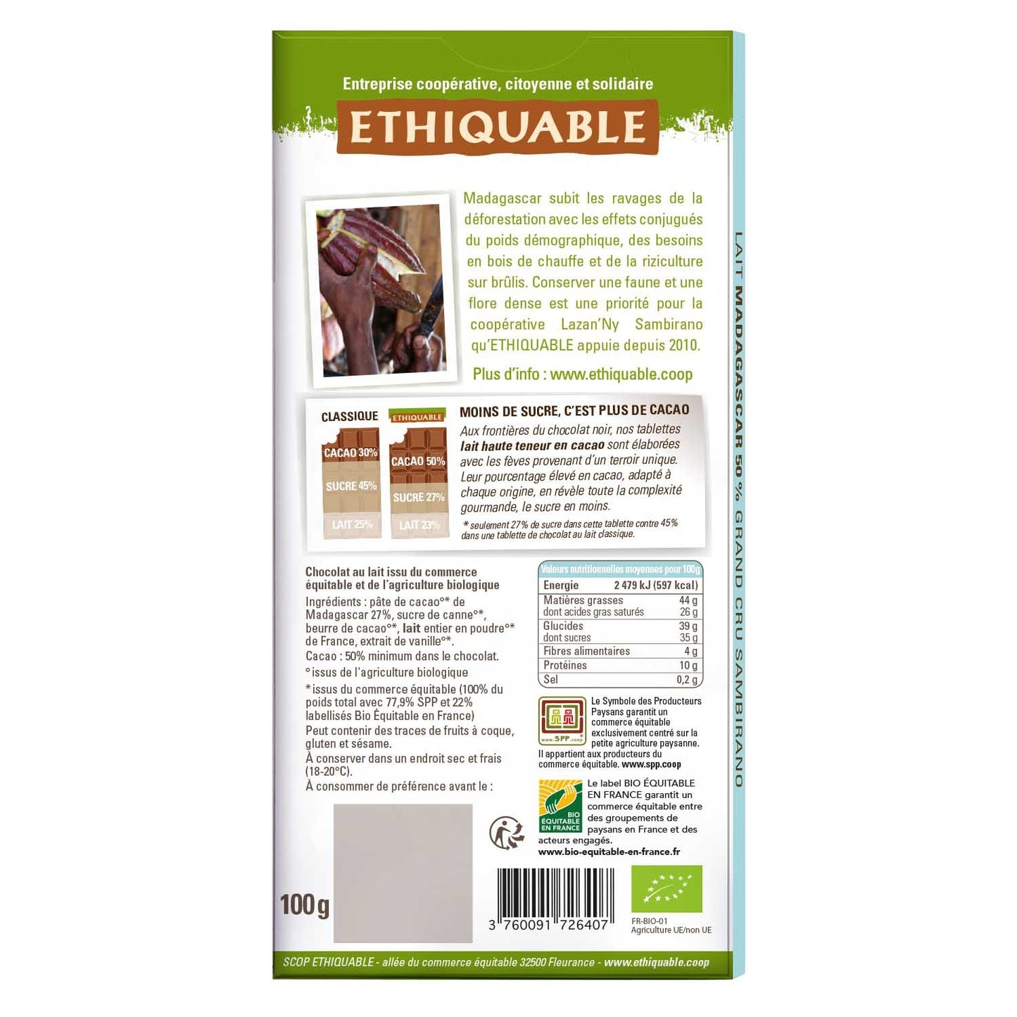 Milk Chocolate 50% Cocoa Madagascar Organic ETHIQUABLE