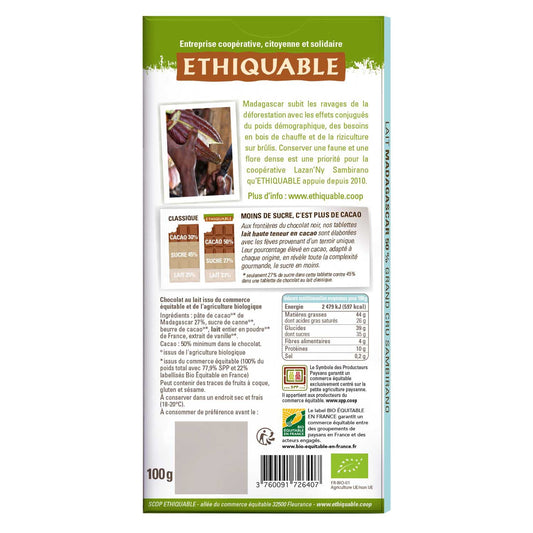 Chocolat au Lait 50% Cacao Madagascar Bio ETHIQUABLE