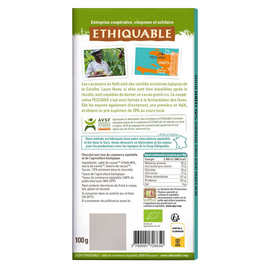 Tablette de Chocolat Noir 72% Cacao Haïti Bio ETHIQUABLE