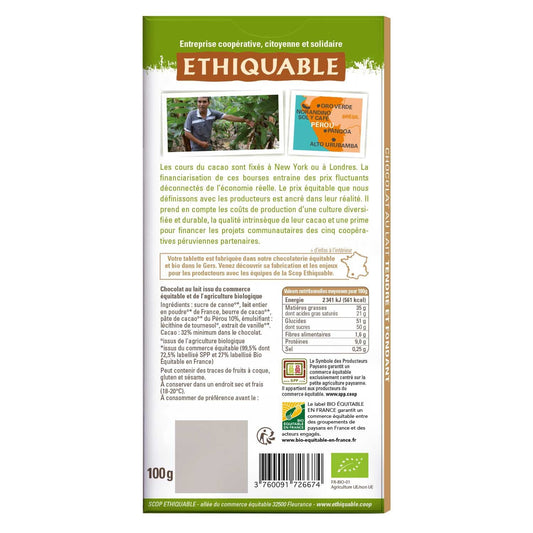 Tablette de Chocolat au Lait Nature Pérou Bio ETHIQUABLE