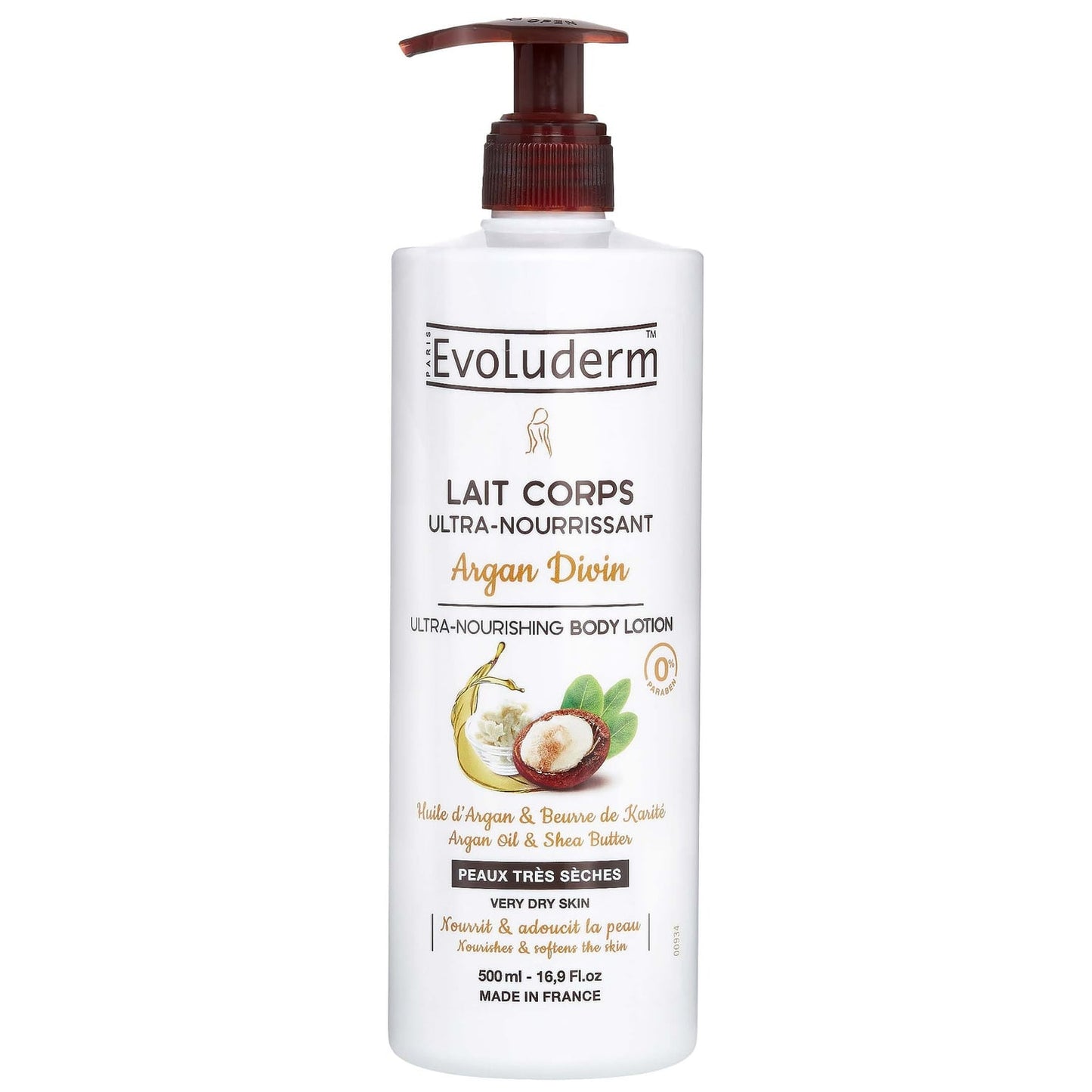 Lait Ultra-Nourrissant Corps Peaux Très Sèches Argan Divin Huile d'Argan Beurre de Karité EVOLUDERM