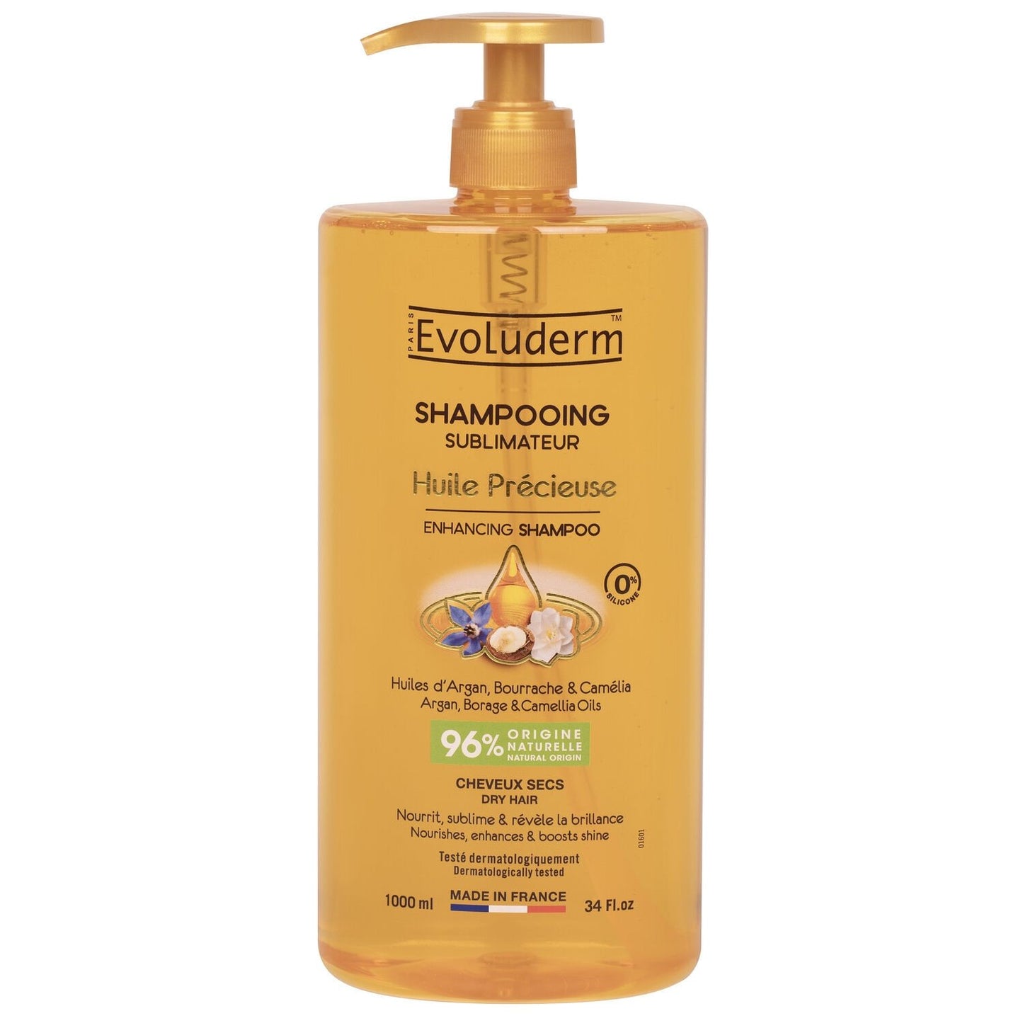 Shampoing Sublimateur Cheveux Secs Huiles d'Argan Bourrache et Camélia Végan EVOLUDERM le flacon de 1L