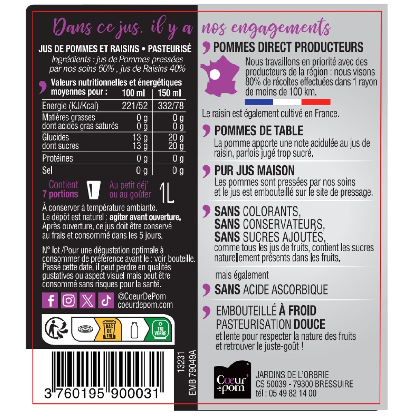 Apfel- und Traubensaft Reiner Saft COEUR DE POM'