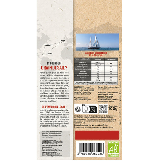 Tablette de Chocolat noir 62% Bio GRAIN DE SAIL