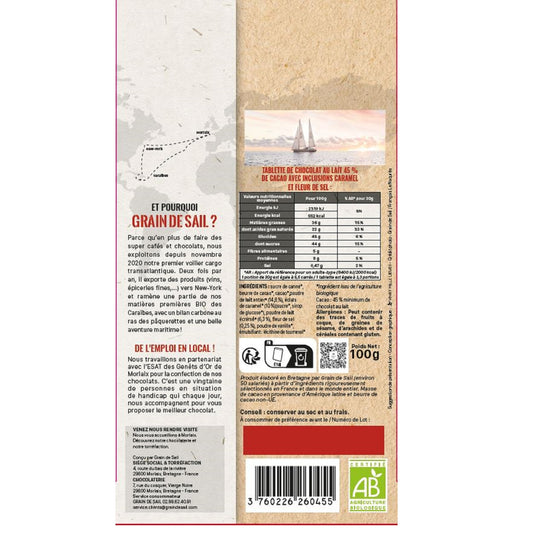 Tablette de Chocolat Lait Grain de Sail Caramel Fleur de Sel Bio GRAIN DE SAIL