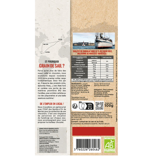 Tablette de Chocolat Noir Noisettes Bio GRAIN DE SAIL