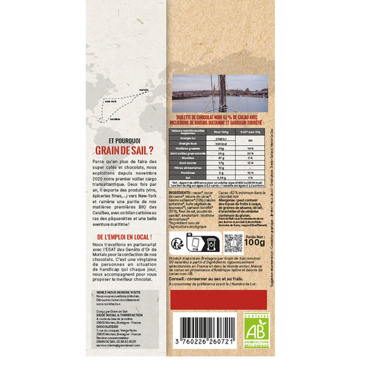 Tablette de Chocolat Noir Raisins Sarrasin Torréfié Bio GRAIN DE SAIL