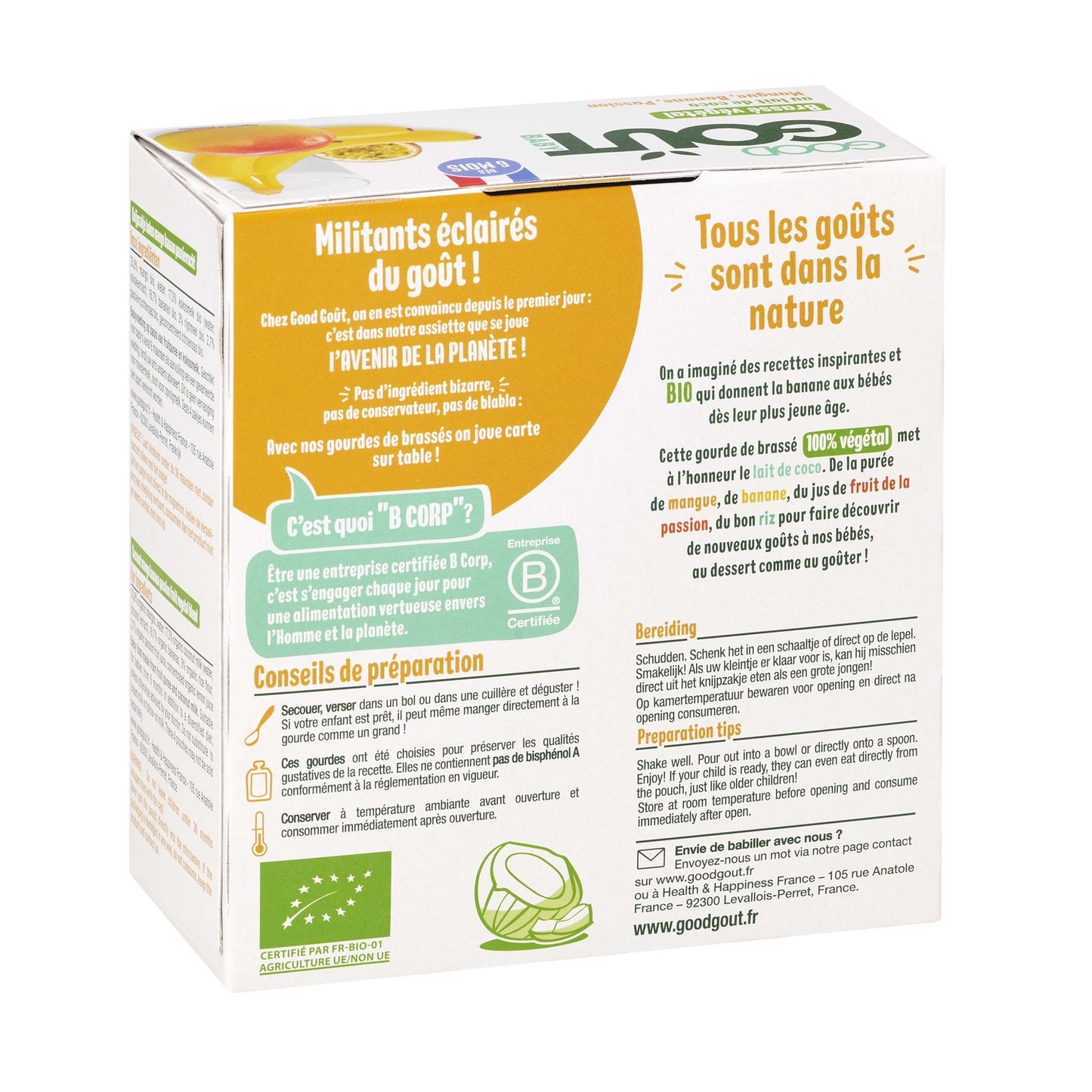 Pflanzliche Babynahrung ab 6 Monaten Kokos-Mango-Banane-Passion ohne Zuckerzusatz Bio GOOD GOUT