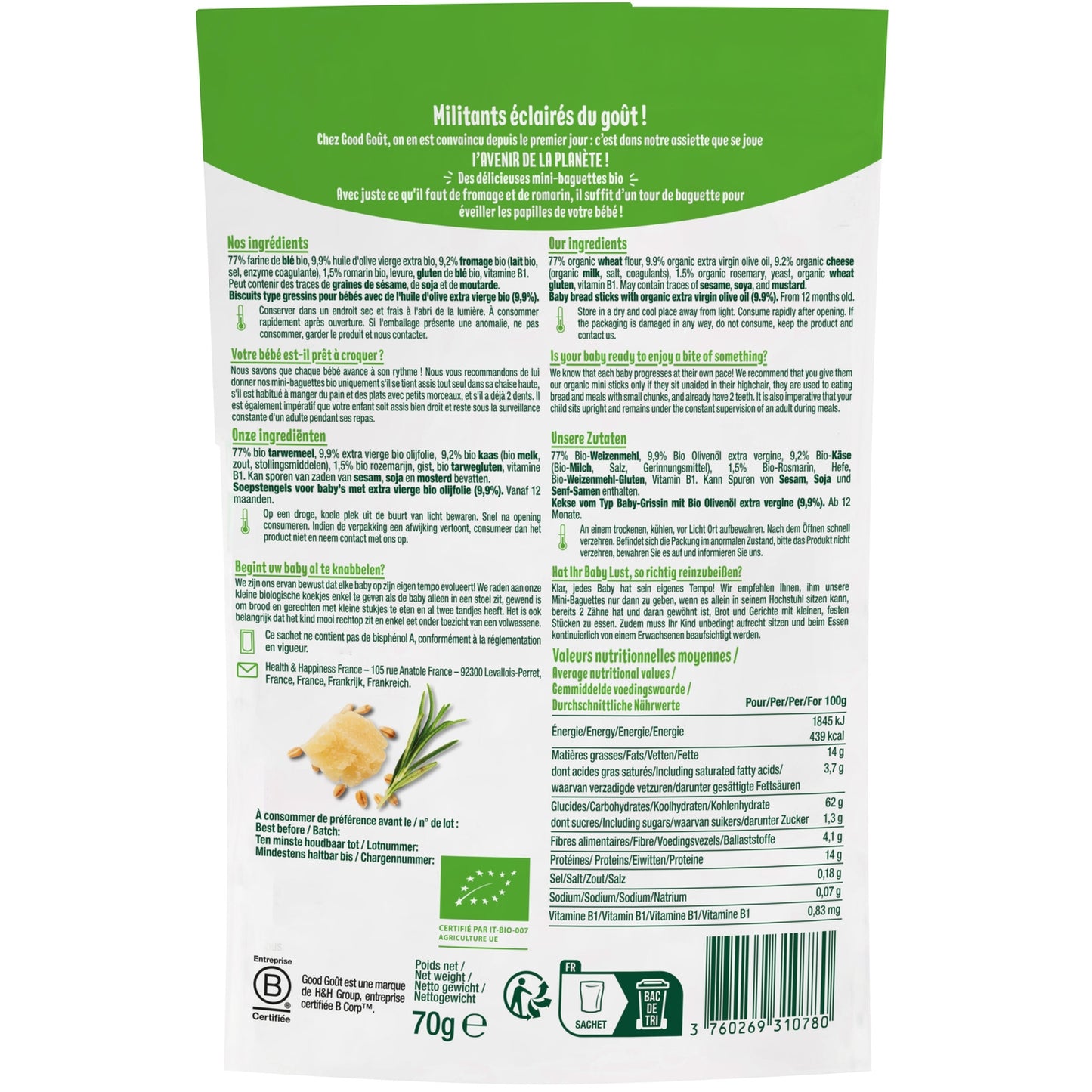 Babykekse ab 12 Monaten Mini Baguettes Käse Rosmarin Bio Good Goût GOOD GOUT