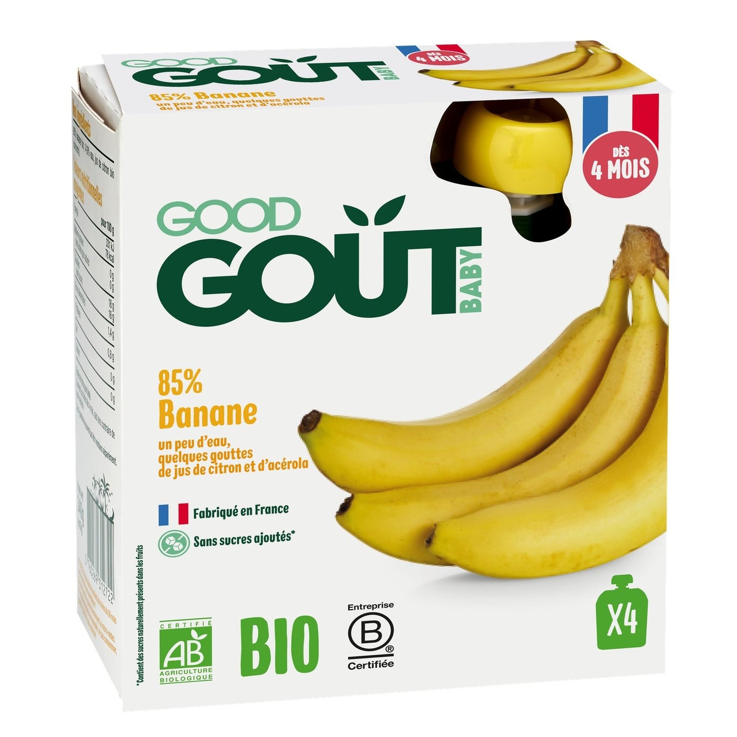 Compotes Bébé Dès 4 Mois Banane Sans Sucres Ajoutés Bio GOOD GOUT Les 4 Gourdes De 85g