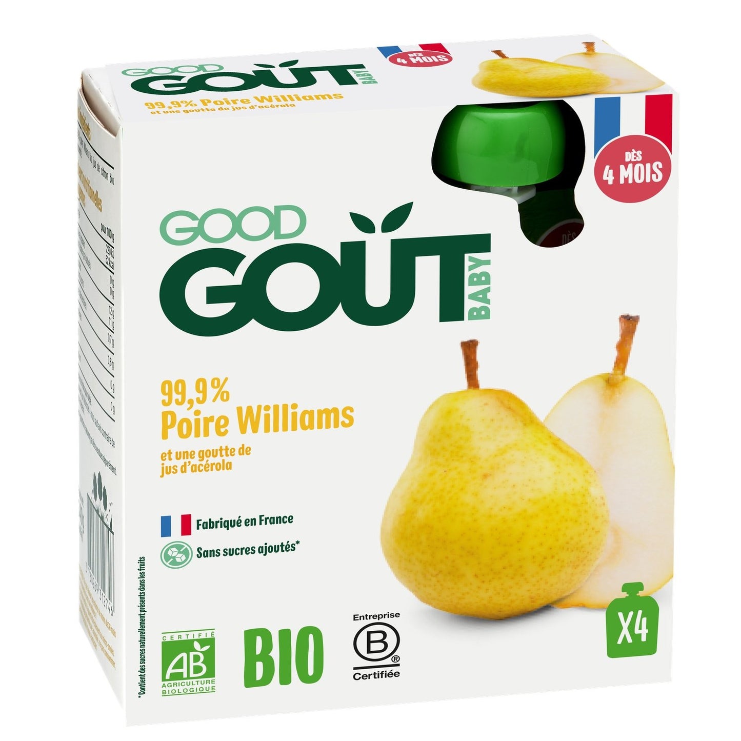 Compotes Bébé Dès 4 Mois Poire Williams Sans Sucres Ajoutés Bio GOOD GOUT Les 4 Gourdes De 85g