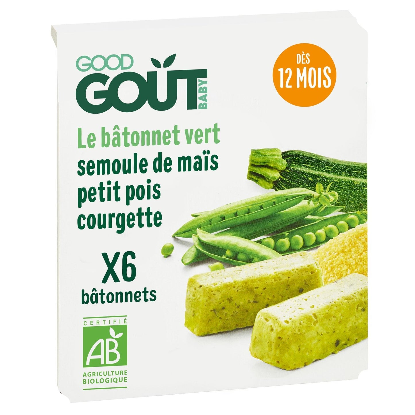Batonnets de Légumes Verts Dès 12 Mois Petits Pois et Semoule de Maïs Bio GOOD GOUT La Boite De 132g