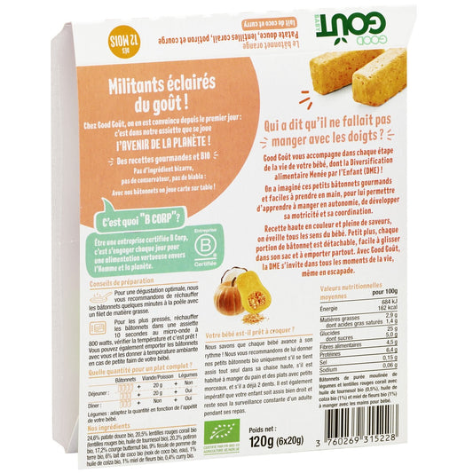 Batonnets de Légumes Verts Dès 12 Mois Lentilles Corail Courges Lait de Coco Bio GOOD GOUT