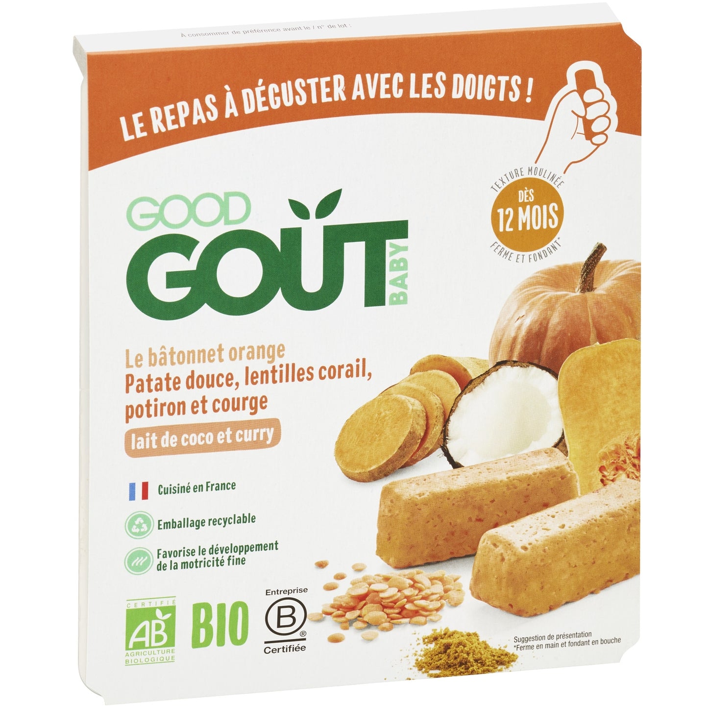 Batonnets de Légumes Verts Dès 12 Mois Lentilles Corail Courges Lait de Coco Bio GOOD GOUT